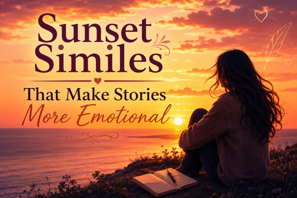 A colorful sunset over the ocean with a person watching the horizon, illustrating emotional sunset similes used in creative writing and storytelling.