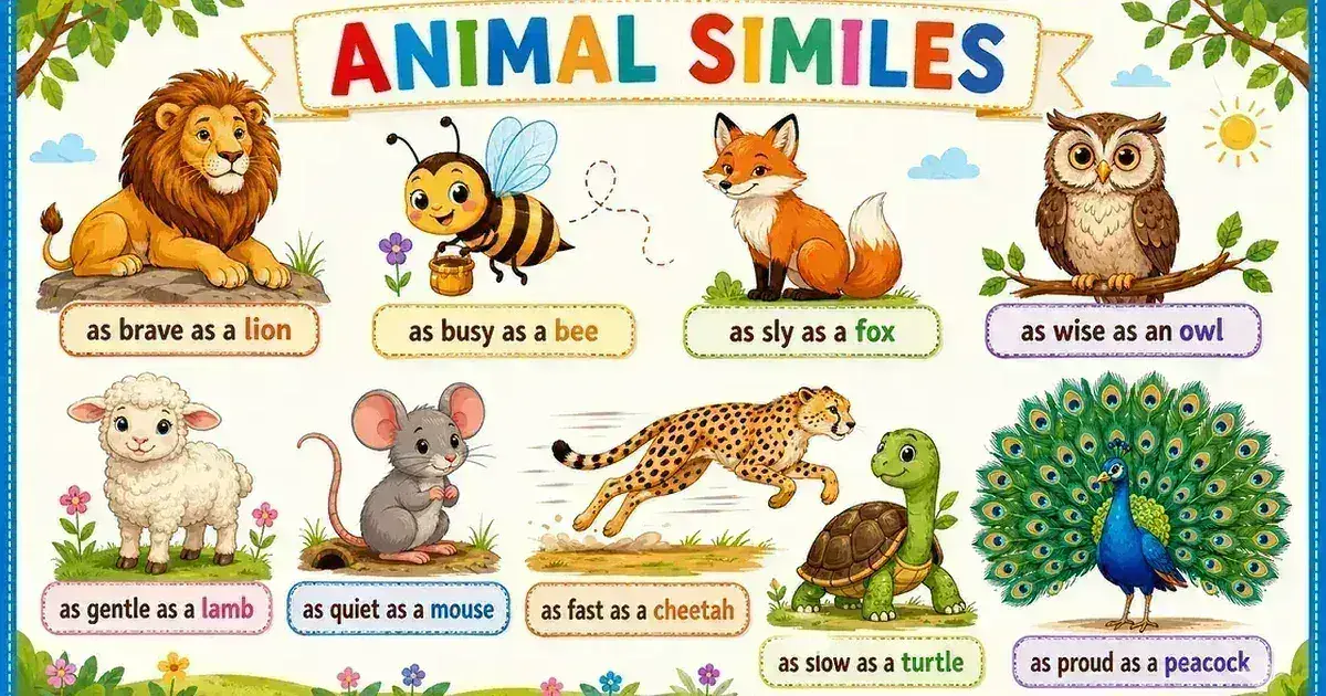 Colorful educational poster showing animal similes examples, including a lion, bee, fox, owl, lamb, mouse, cheetah, turtle, and peacock.