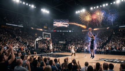 Basketball player attempting a game-winning shot in a packed arena with creative basketball similes represented visually.