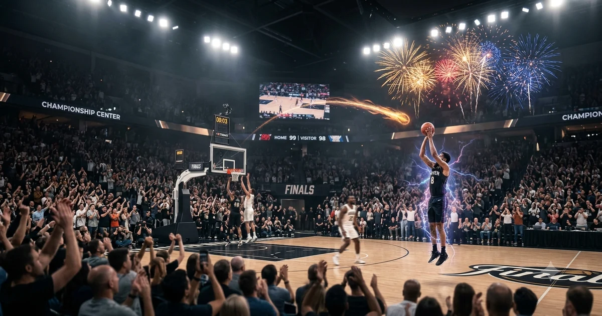 Basketball player attempting a game-winning shot in a packed arena with creative basketball similes represented visually.