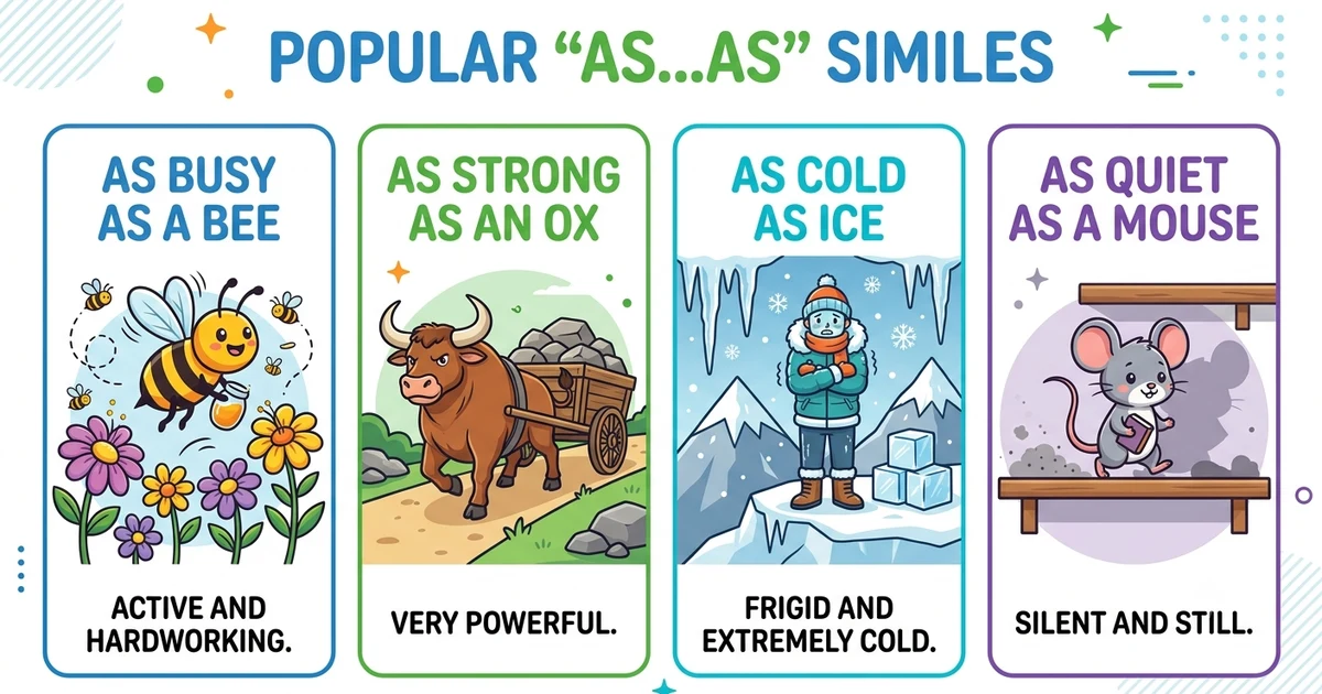 A colorful illustration showing common as as simile examples such as as busy as a bee and as cold as ice.