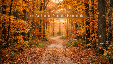 Colorful autumn leaves falling through a forest path with examples of autumn similes.