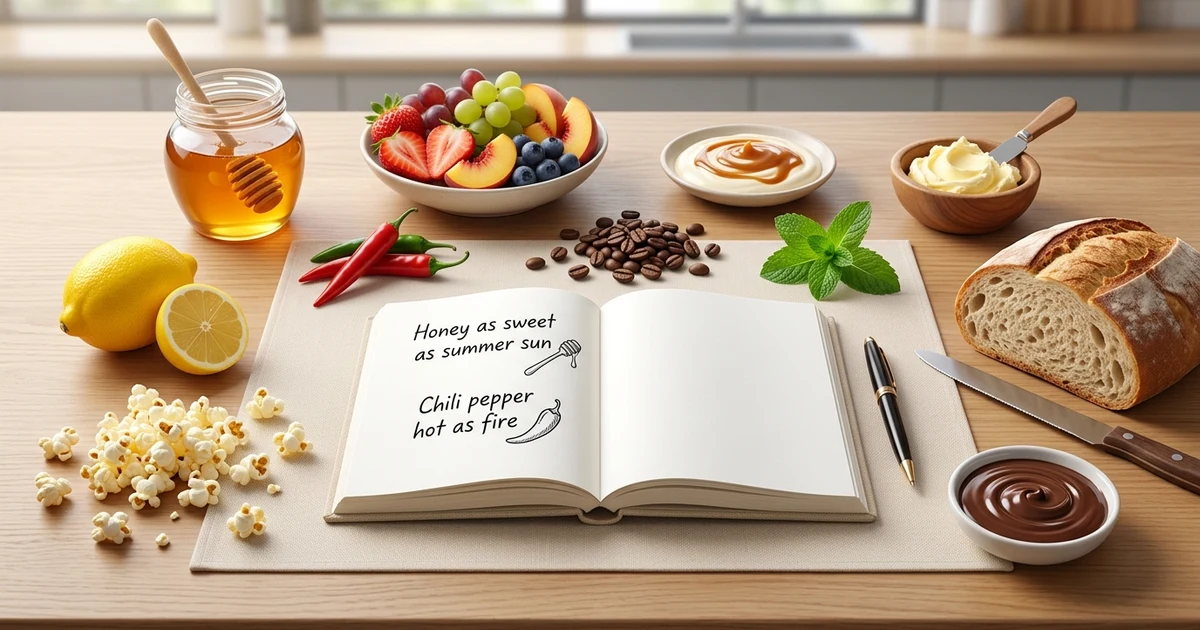 Similes for food with creative examples for taste, texture, emotions, and writing