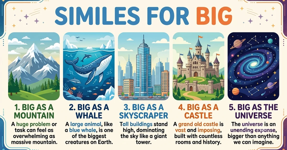 Collection of similes for big including mountain, whale, house, and universe.