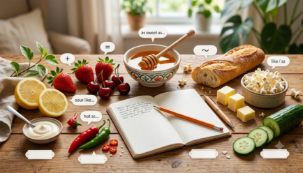Food simile examples showing sweet as honey, soft as butter, and red as a tomato