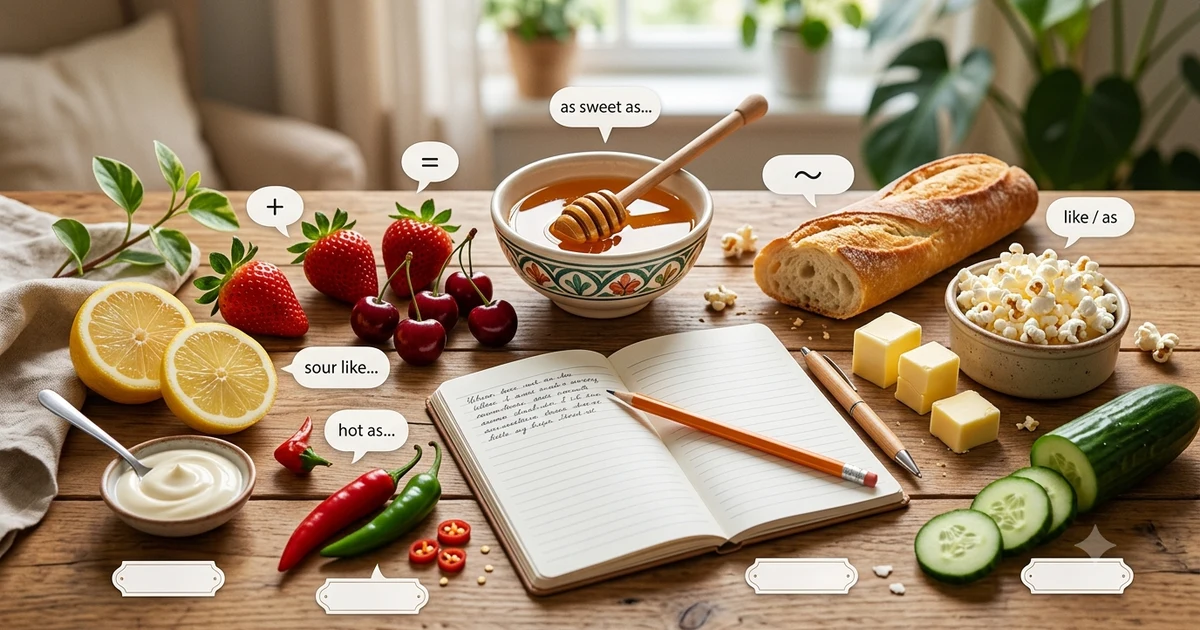 Food simile examples showing sweet as honey, soft as butter, and red as a tomato