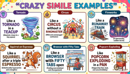 Colorful illustration showing crazy simile examples including a tornado, circus, runaway train, fireworks, and imaginative comparisons.