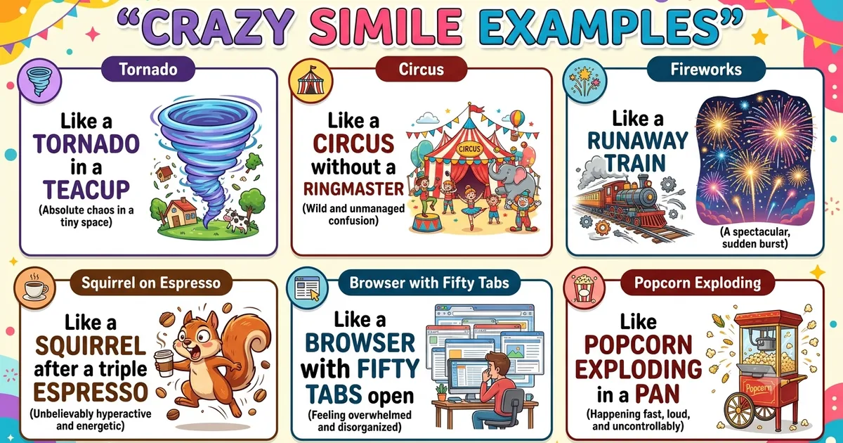 Colorful illustration showing crazy simile examples including a tornado, circus, runaway train, fireworks, and imaginative comparisons.
