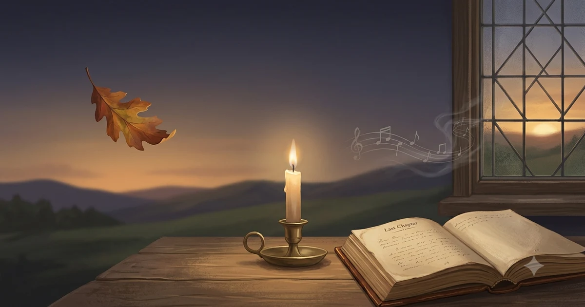 Death simile examples showing a fading candle, falling leaf, sunset, and open book