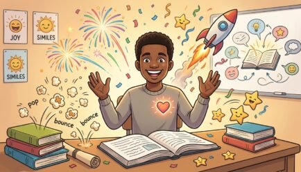 Similes for feeling excited with fireworks, rockets, and joyful expressions