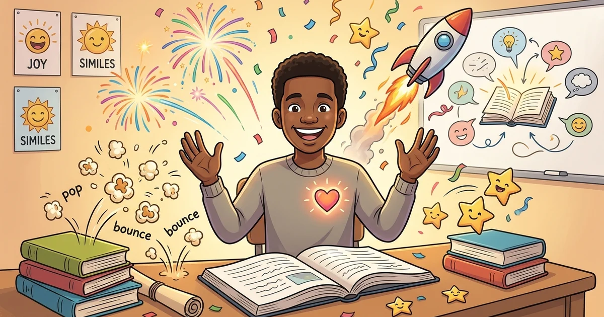 Similes for feeling excited with fireworks, rockets, and joyful expressions