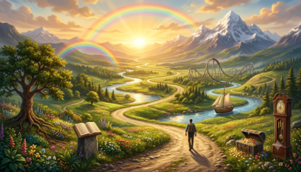 Colorful illustration showing different similes for life such as a journey, river, mountain, and sunrise.