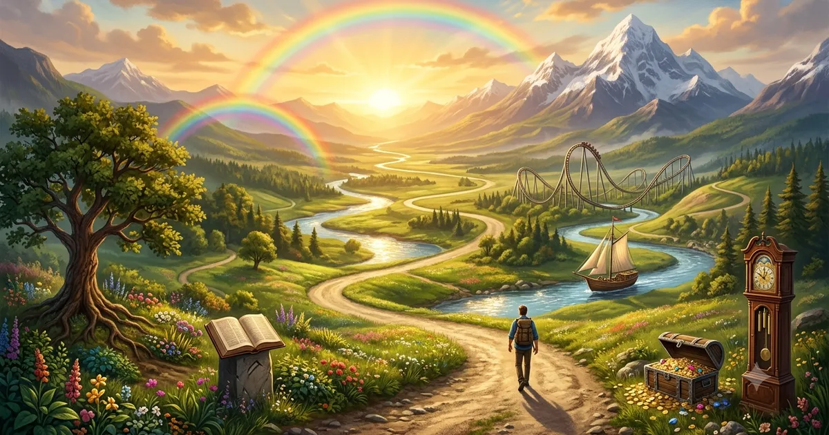 Colorful illustration showing different similes for life such as a journey, river, mountain, and sunrise.