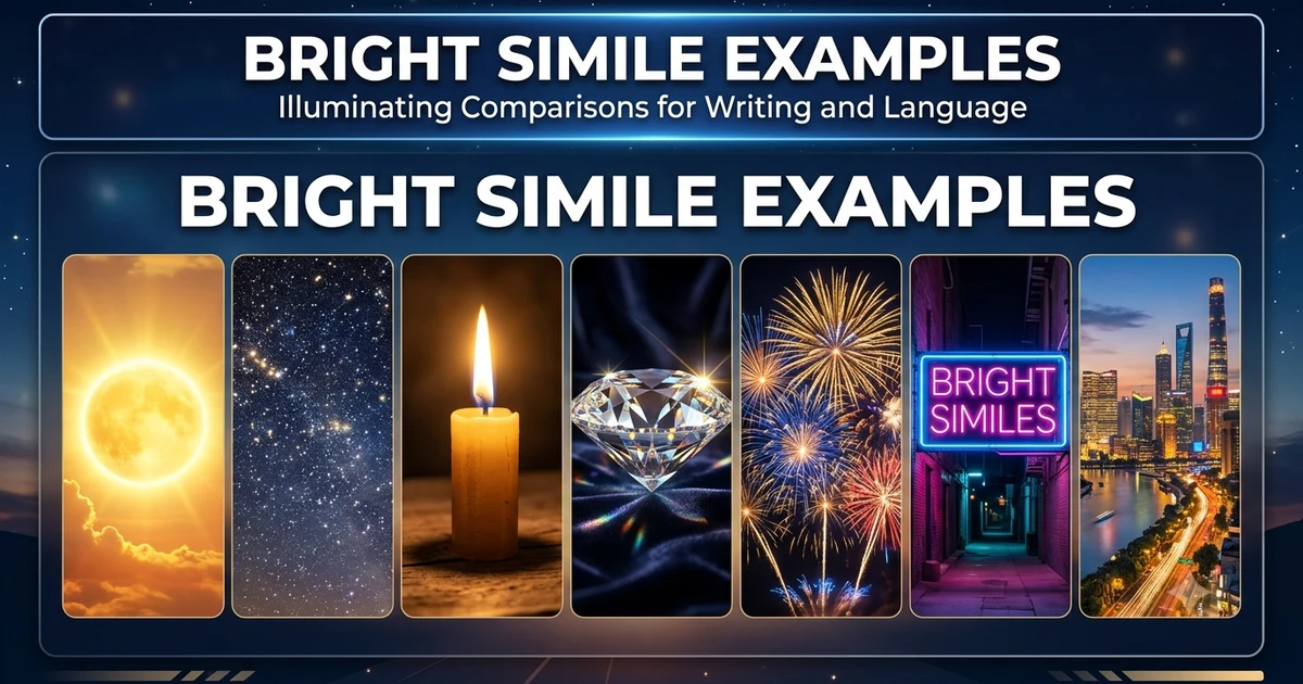 Bright simile examples featuring the sun, stars, diamonds, candles, fireworks, and glowing lights.