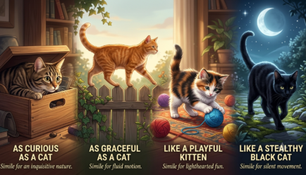 Collection of cat simile examples showing curious, graceful, playful, stealthy, and alert cats used in descriptive writing.