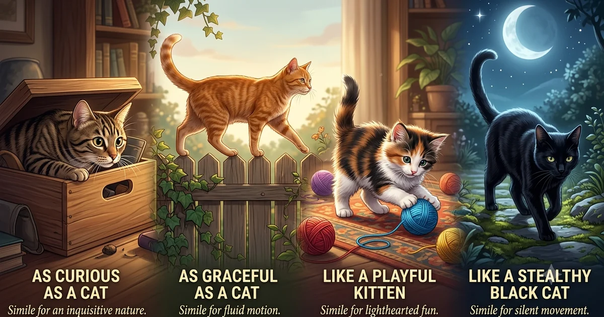 Collection of cat simile examples showing curious, graceful, playful, stealthy, and alert cats used in descriptive writing.