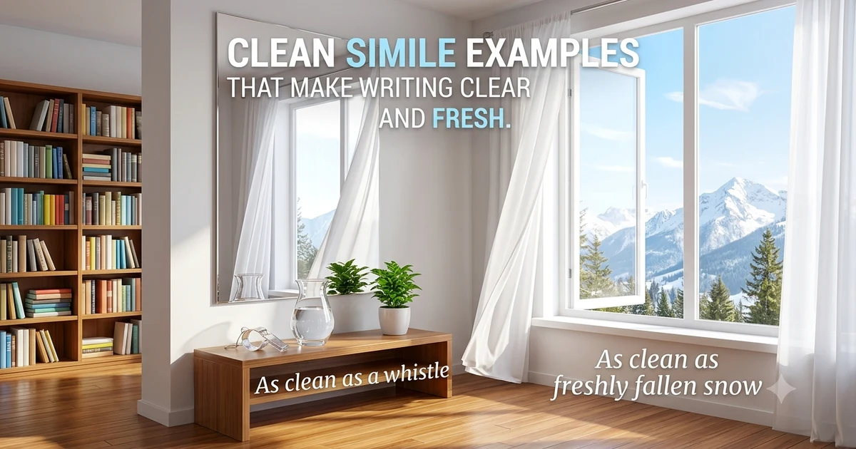 Clean simile examples showing spotless rooms, fresh air, crystal-clear water, and polished mirrors