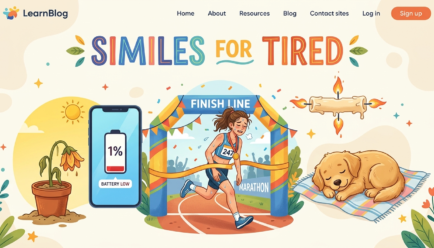 Illustration showing different similes for tired, including a marathon runner, a drained battery, and a wilted flower.
