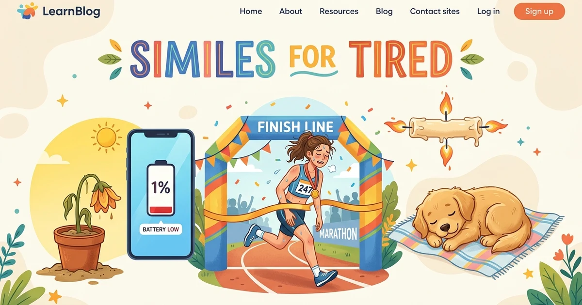 Illustration showing different similes for tired, including a marathon runner, a drained battery, and a wilted flower.