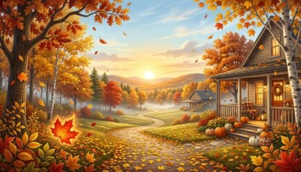 Fall similes with colorful autumn leaves, golden trees, pumpkins, and a cozy fall landscape