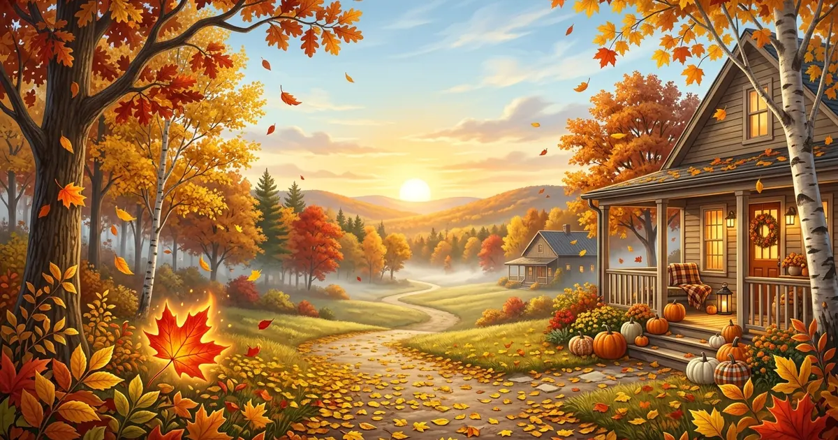 Fall similes with colorful autumn leaves, golden trees, pumpkins, and a cozy fall landscape