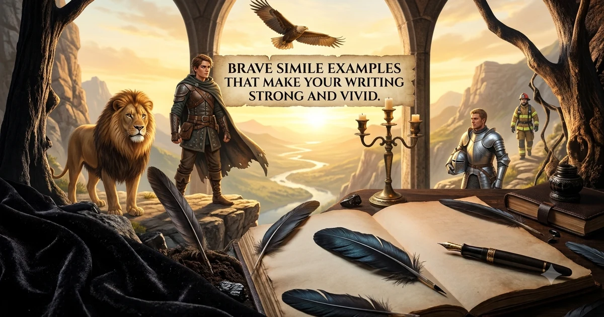 Brave simile examples showing courage through lions, warriors, firefighters, and other powerful comparisons.