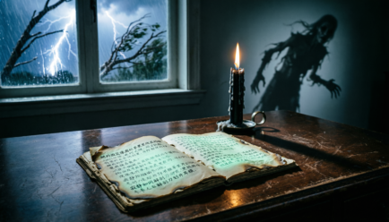 Creepy horror writing scene with dark notebook candlelight haunted atmosphere and scary simile examples for creative storytelling