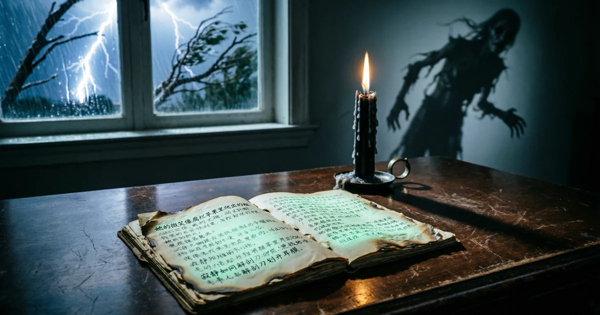 Creepy horror writing scene with dark notebook candlelight haunted atmosphere and scary simile examples for creative storytelling