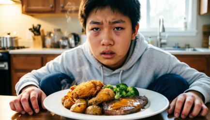 Hungry teenager staring at a large plate of food with dramatic expression in a warm kitchen setting showing a creative simile for hunger concept