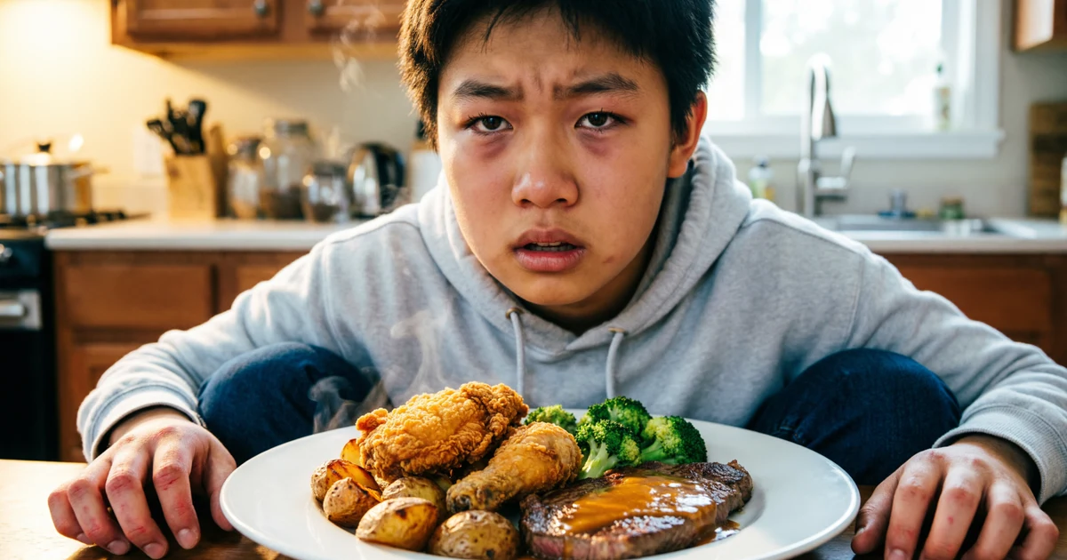 Hungry teenager staring at a large plate of food with dramatic expression in a warm kitchen setting showing a creative simile for hunger concept