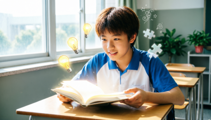Student learning through creative similes in classroom writing activity with books and glowing ideas around them