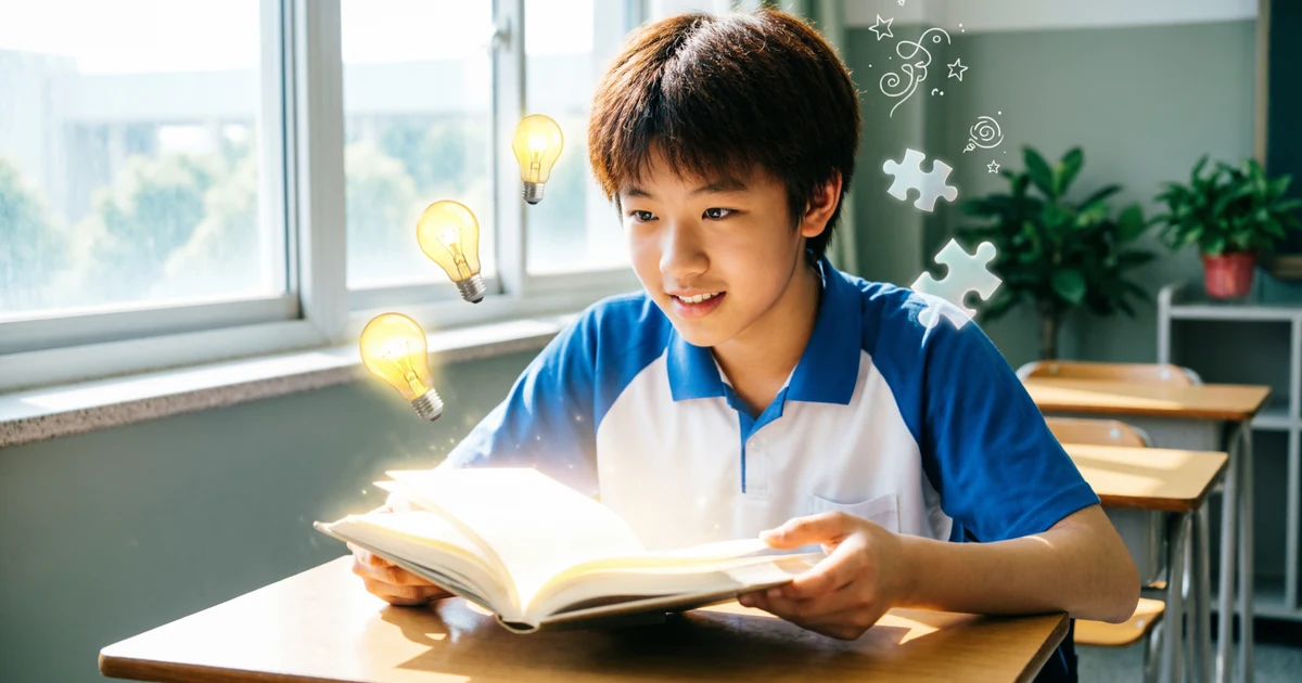 Student learning through creative similes in classroom writing activity with books and glowing ideas around them