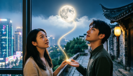 Long distance relationship illustration between two lovers across distance