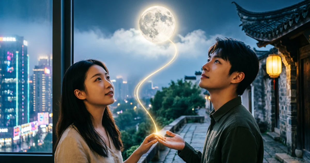 Long distance relationship illustration between two lovers across distance
