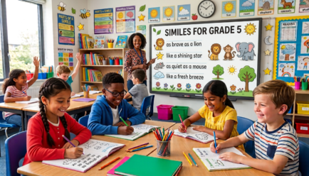Grade 5 student learning similes with colorful examples and writing activities