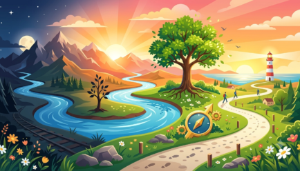 Colorful illustration showing symbols of change, including a sunrise, growing tree, flowing river, butterfly, and open path.