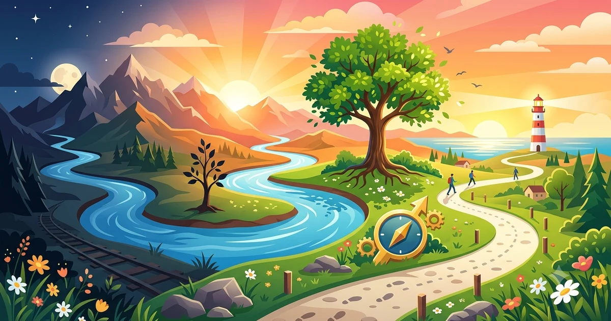 Colorful illustration showing symbols of change, including a sunrise, growing tree, flowing river, butterfly, and open path.