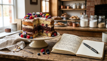 Delicious layered cake illustrating creative similes for cake in descriptive writing.
