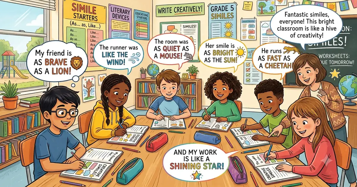 Student practicing simile exercises with worksheets and creative writing examples.