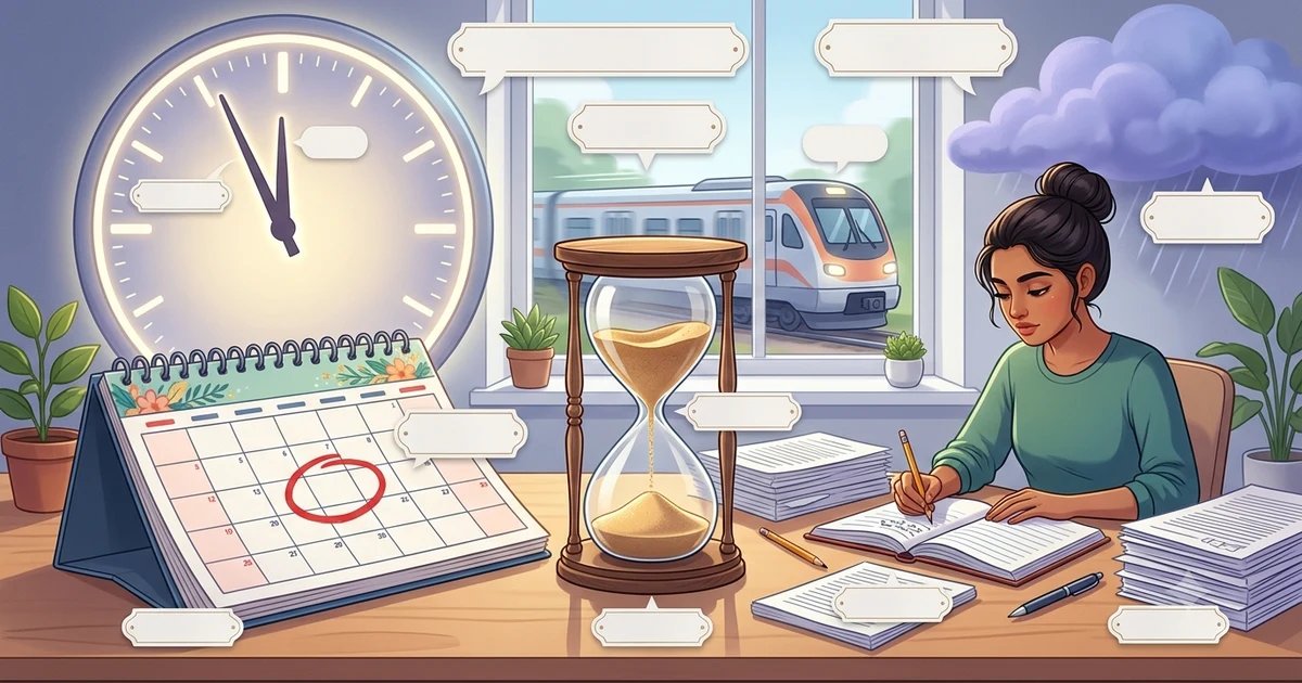 Creative simile for deadline examples showing time pressure with clocks, calendars, and a closing deadline