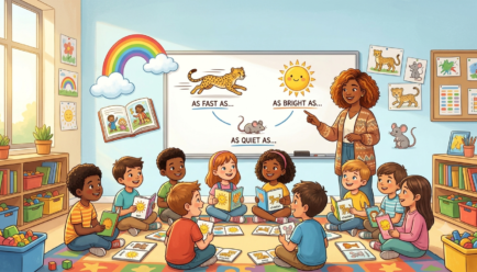 Children learning similes with colorful examples using like and as