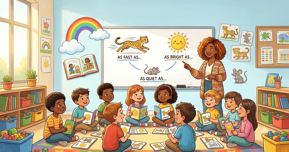 Children learning similes with colorful examples using like and as
