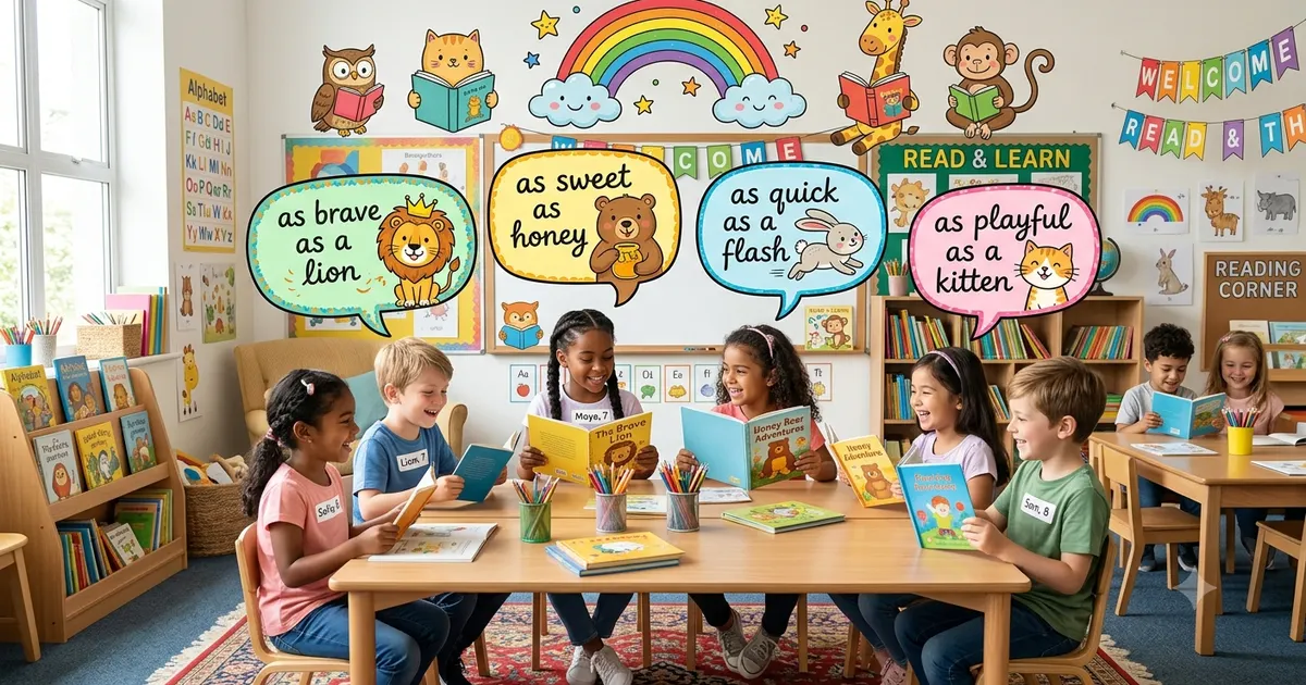 Colorful classroom poster showing easy simile examples for kids.