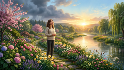 Peaceful sunrise garden representing healing, hope, recovery, and personal growth