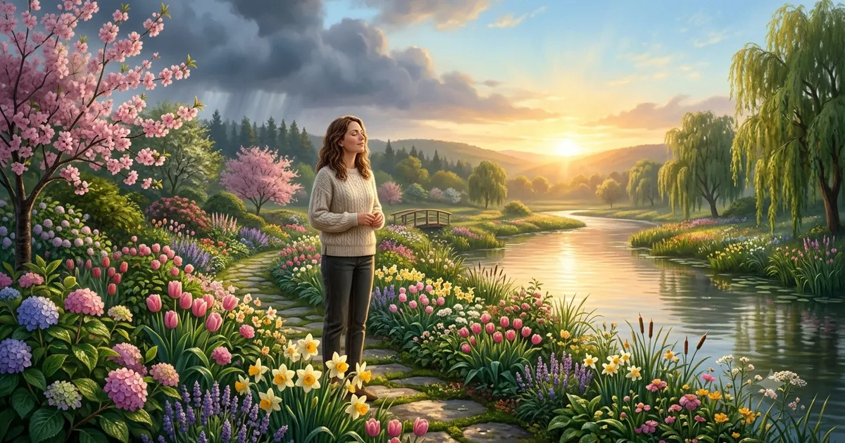 Peaceful sunrise garden representing healing, hope, recovery, and personal growth