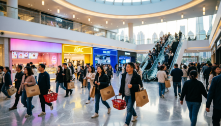 Shopping mall crowd with people and shopping bags