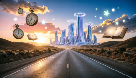 Open road leading toward a glowing futuristic city with sunrise symbolizing hope and the future