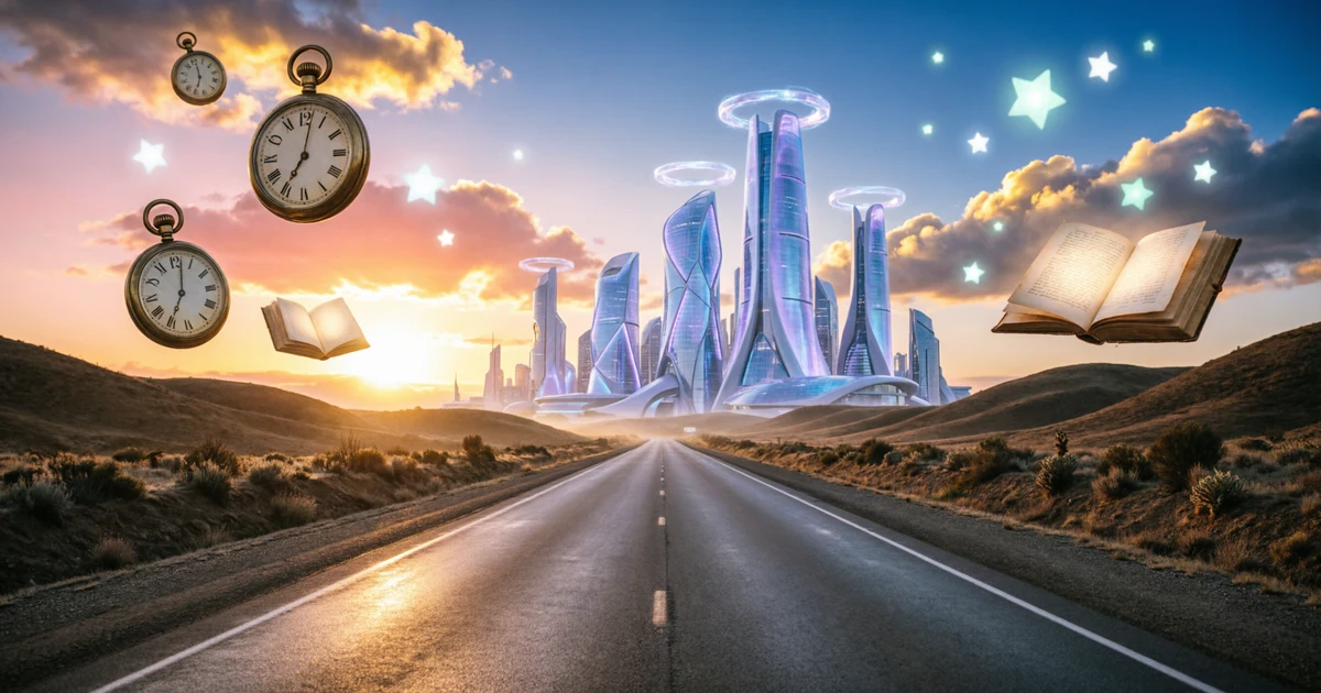 Open road leading toward a glowing futuristic city with sunrise symbolizing hope and the future
