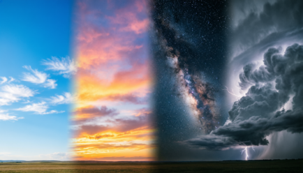 Beautiful sky with blue clouds, colorful sunset, and starry night illustrating simile for sky examples used in creative writing and poetry.