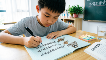 A classroom writing scene showing students learning slow similes with examples like snail and turtle for creative English writing